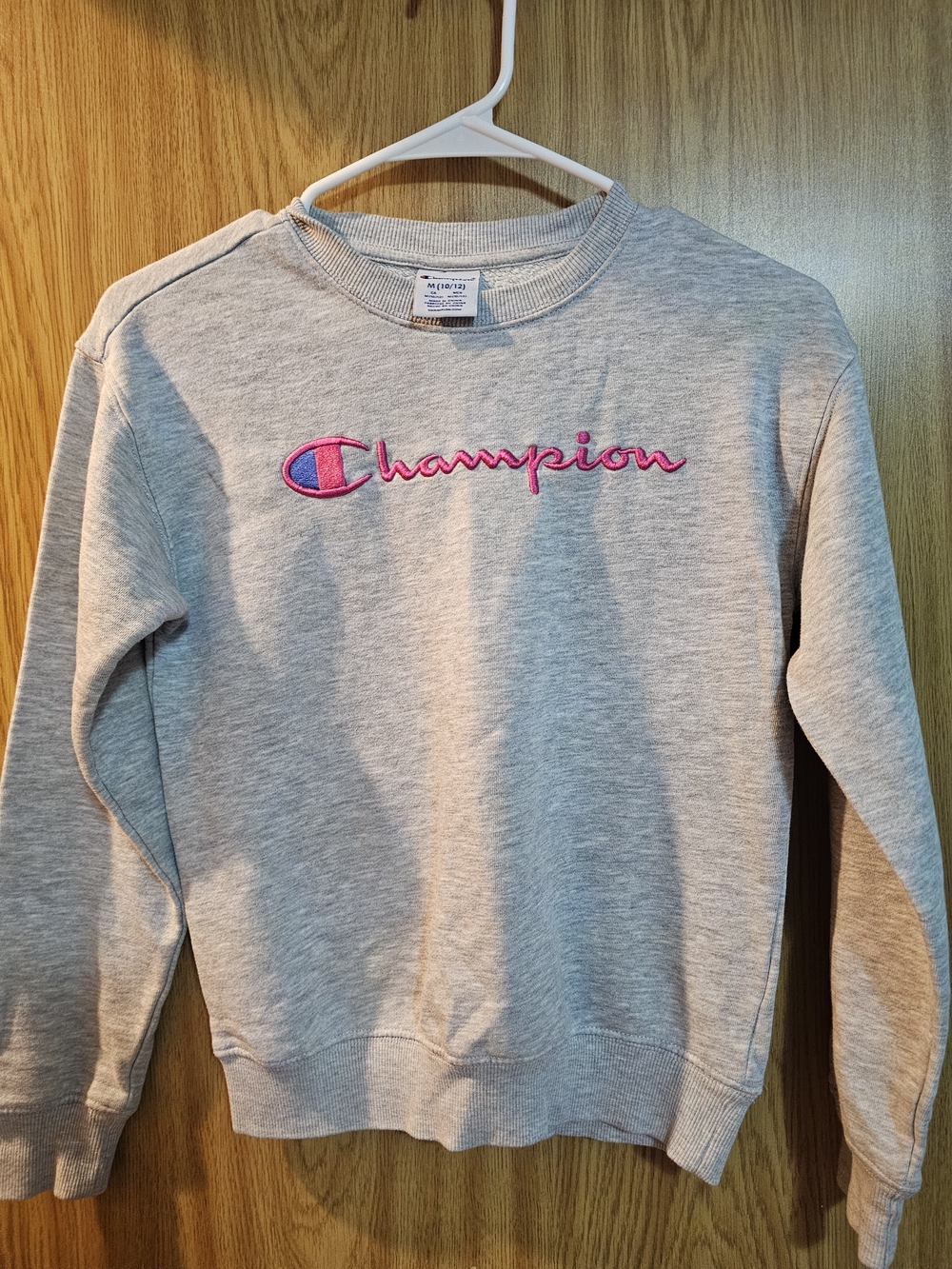 Champion Women's Gray Crewneck Sweatshirt with Pink Logo